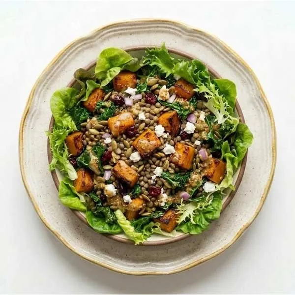 Roasted Pumpkin, Kale & Lentil Warm Salad with Maple Mustard Dressing